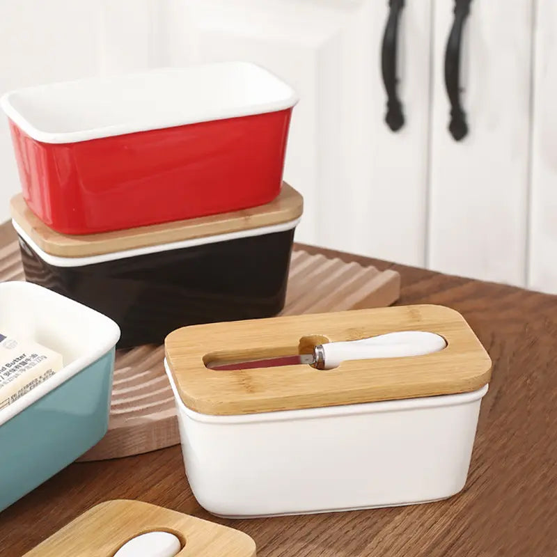 Butter Dishes Box Premium Quality Elite Range Heavy Fine Porcelain Butter Box, Butter Dish with Wooden Top Cover, Lid with a Knife -600 ML