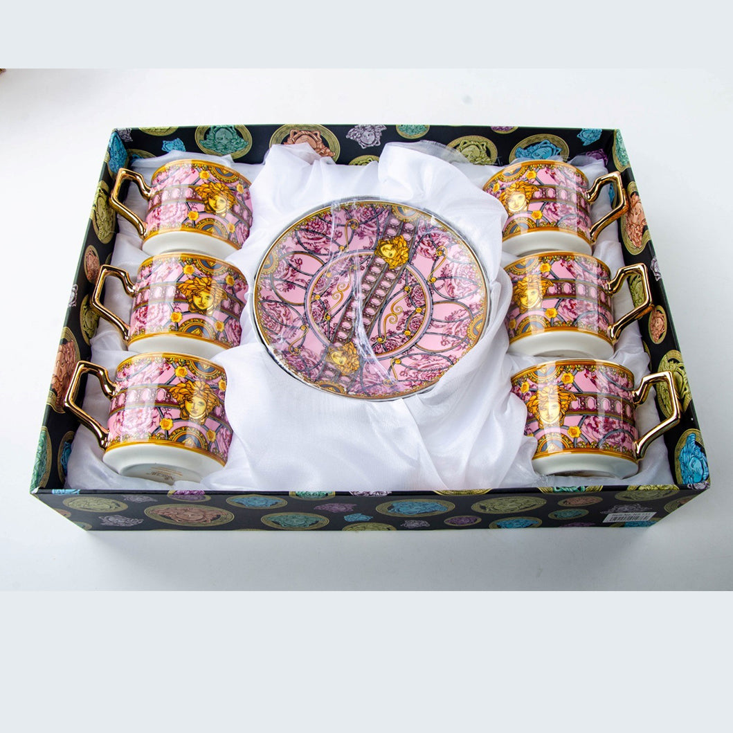 Elegant Fine Bone China Cup and Plate Set of 6 (Pink)