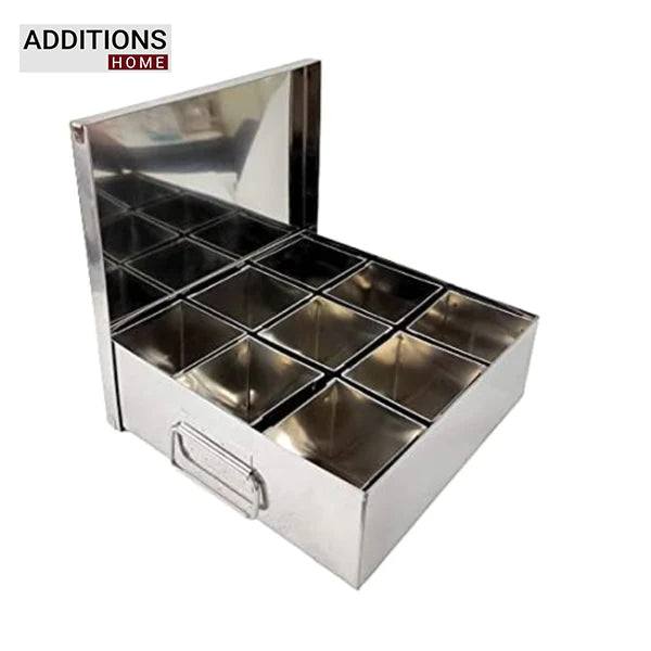Stainless Steel Masala Dabba with 9 Compartments | Big Size Masala Petti | Silver