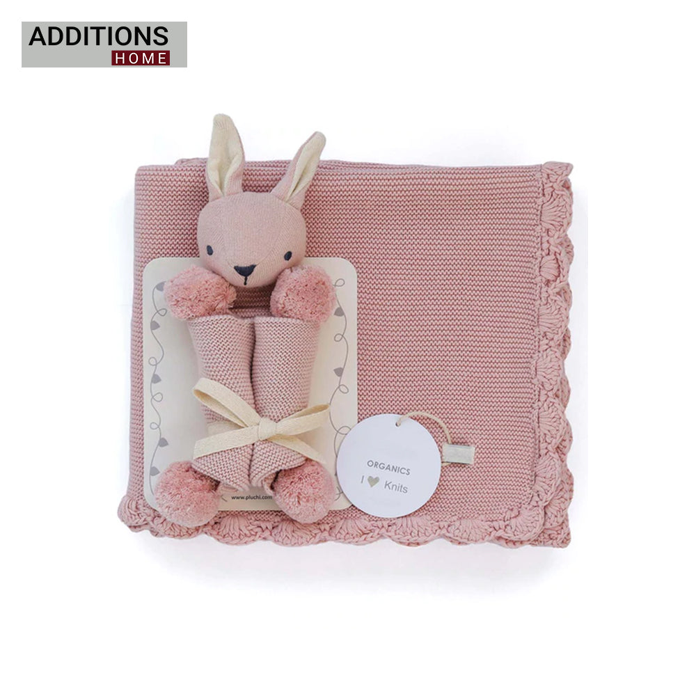 Rabbit- Pink Pearl Cotton Knitted All Season AC Blanket with Cuddle Cloth Set for Babies (Set of 2 - Blanket & Soft Toy )