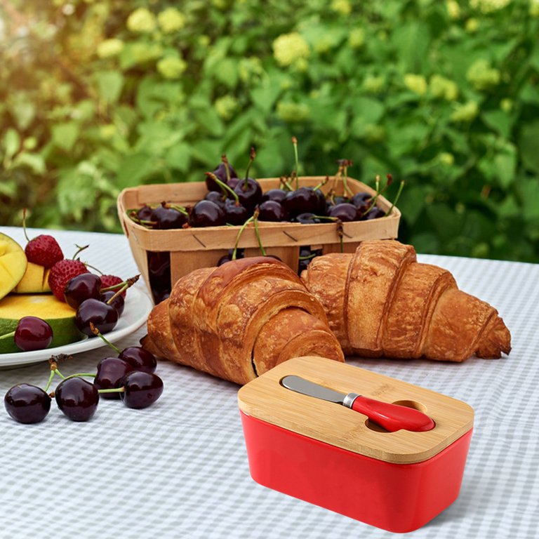 Butter Dishes Box Premium Quality Elite Range Heavy Fine Porcelain Butter Box, Butter Dish with Wooden Top Cover, Lid with a Knife -600 ML (RED)