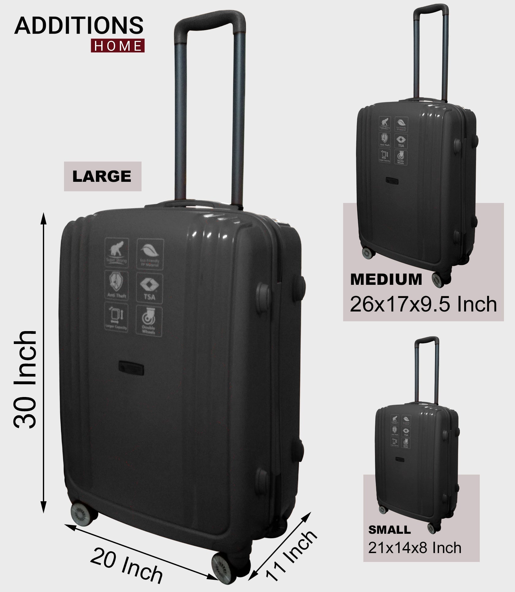 Additions Home combo set of 3 Small, Medium and Large check in 4 wheel Hard suitcase.