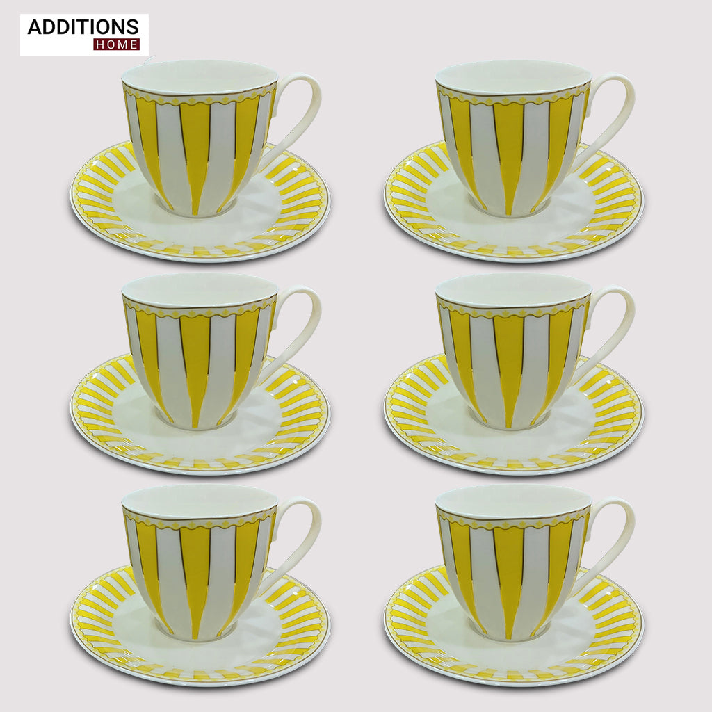 American Brunswick Luxury Cup and Saucer Set Classic Stripe Porcelain (Set of 6)