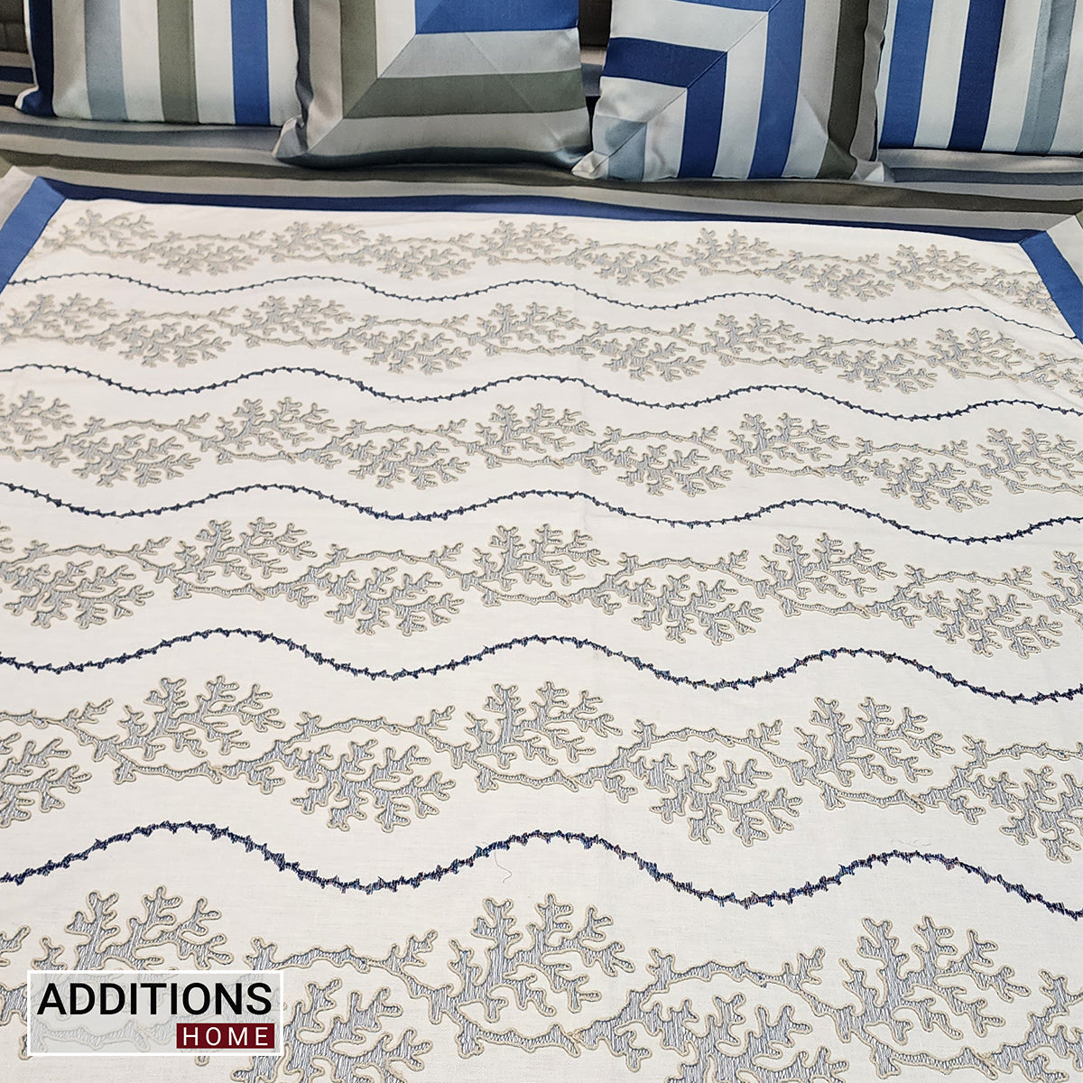 Intricately Embroidered Linen Fabric Bedcover, Dressed With Satin Borders To Make Your Room Look Royal (King Size) Set of 5