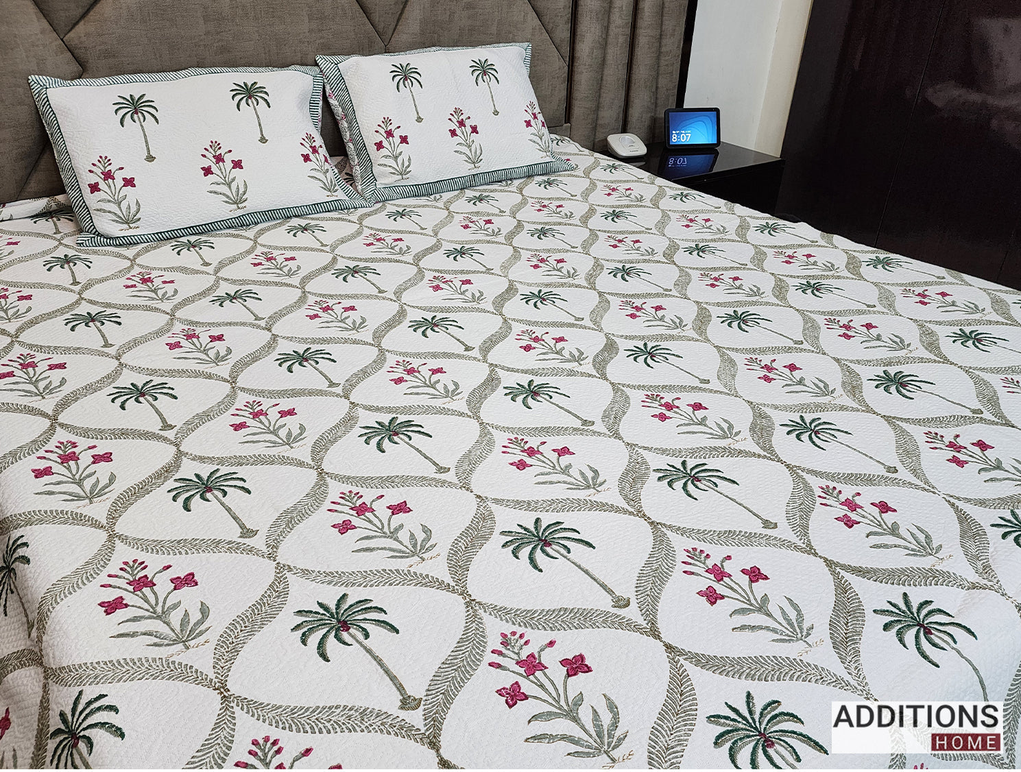 Mysore Hand Block Printed Jacquard Bed Cover with complementing Pillow Covers, 108x108