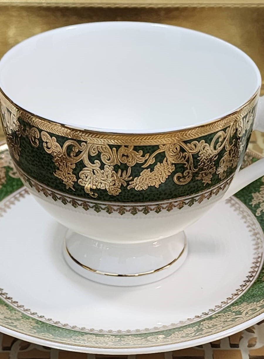 Luxury Embossed Gold Plated Cup & Saucer Royal Style Bone China, Set Of 6 (MADE IN JAPAN)