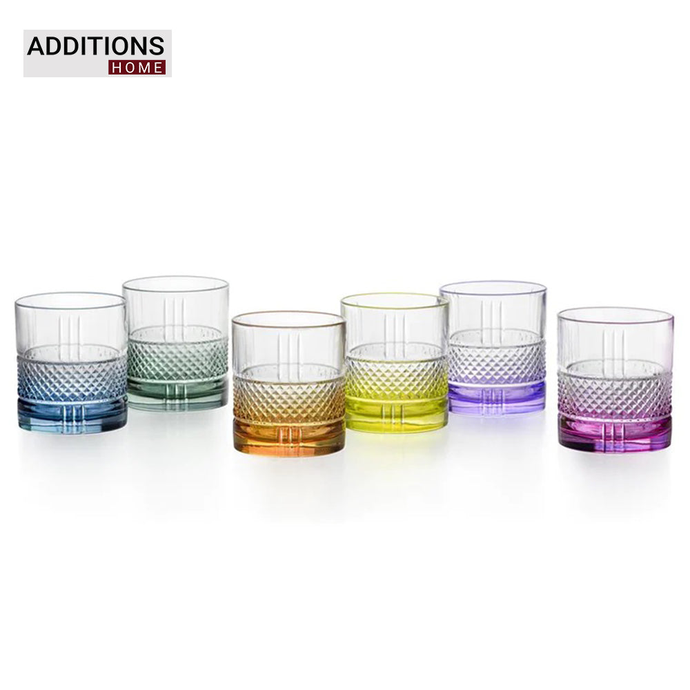 RCR (Made in Italy) Brillante Crystal Short colored Whisky Water Tumblers Glasses, 340 ml, Set of 6 (Different Colors)