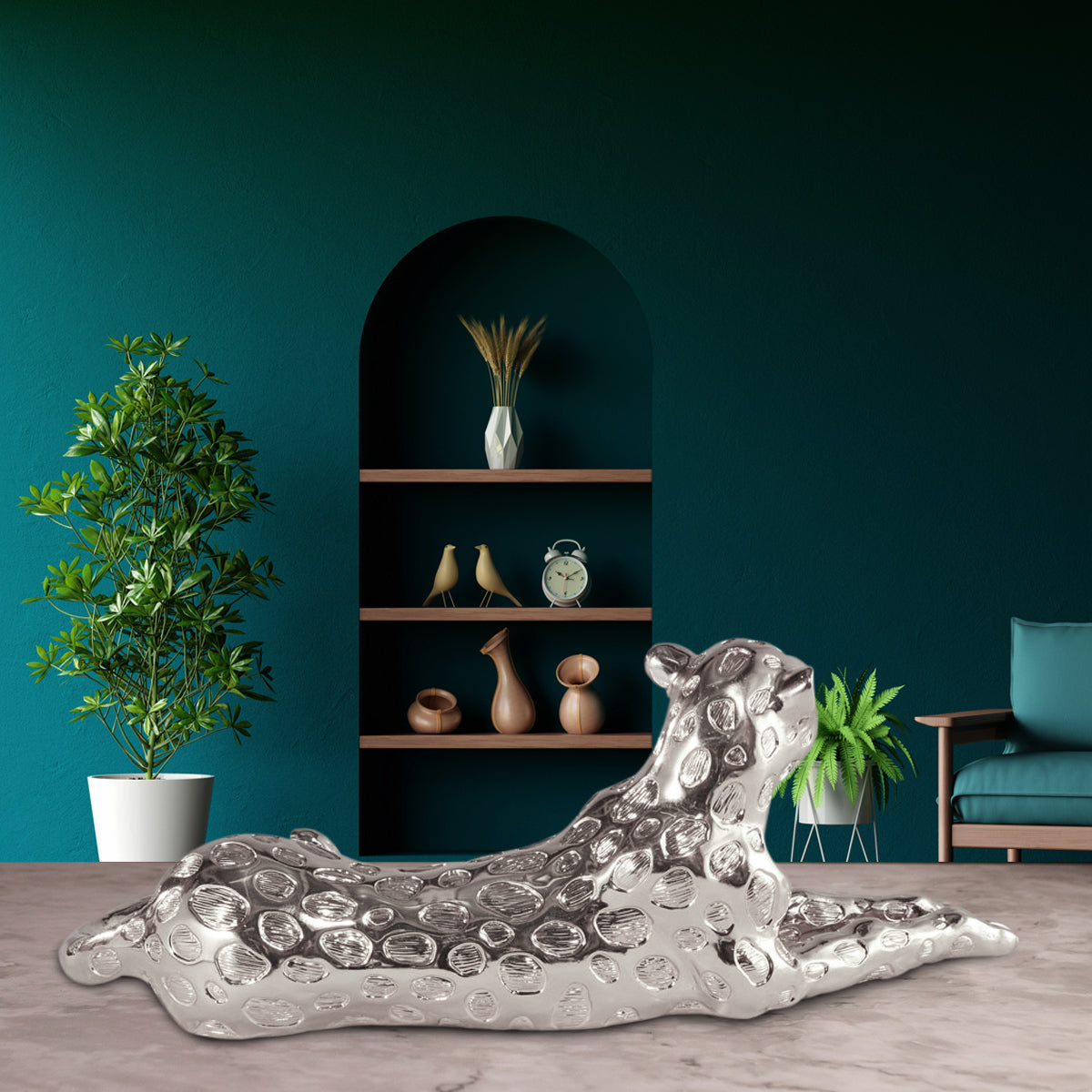 Silver Wild Animal Leopard Sculpture Resin Craft, Living Room Study Leopard Decoration 22x9 Inch