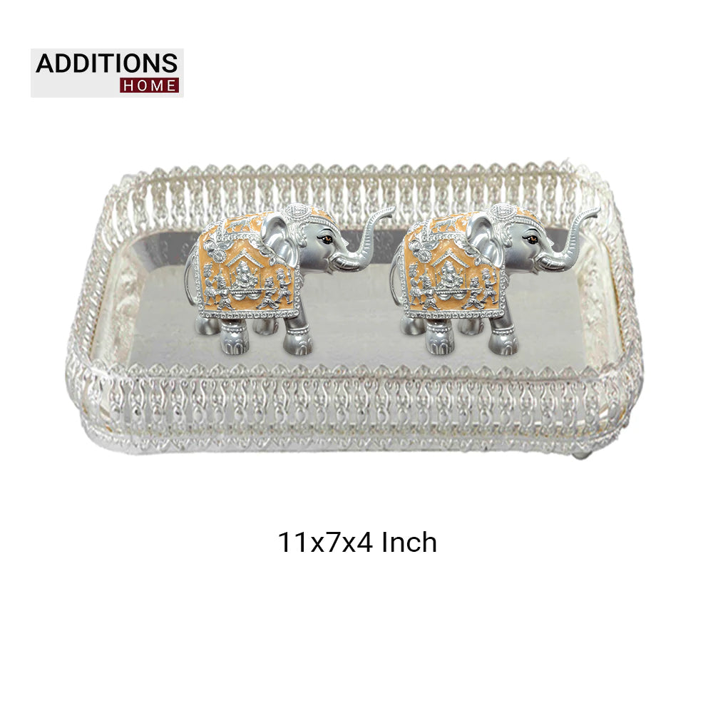 German Silver Rectangle Shape Designer Fancy Metal Tray And Silver Plated Elephant Idol Set Of 3Pcs.