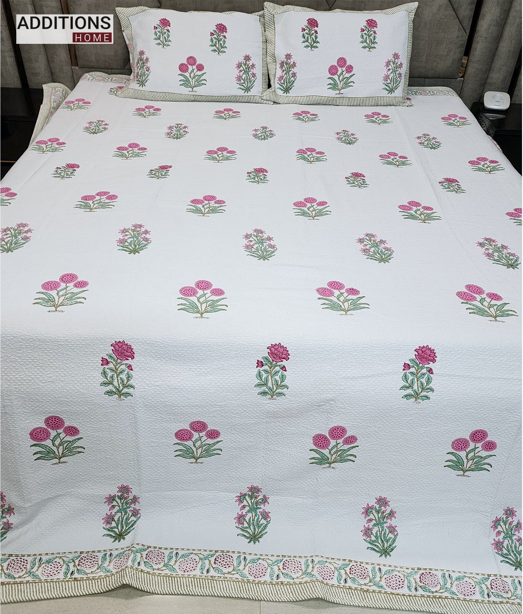 Mysore Hand Block Printed Jacquard Bed Cover with complementing Pillow Covers, 108x108