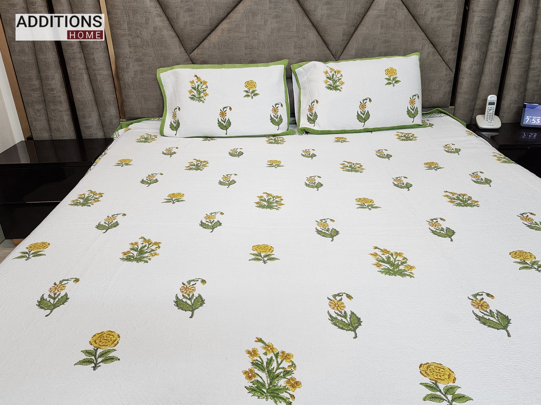 Mysore Hand Block Printed Jacquard Bed Cover with complementing Pillow Covers, 108x108
