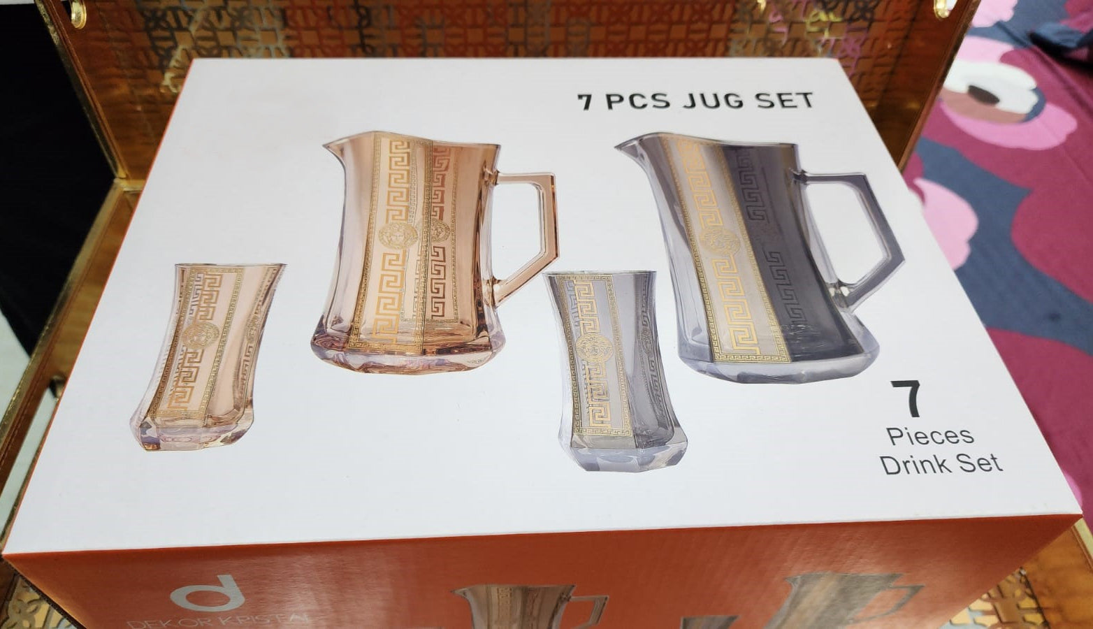 Hand Crafted Gold Plated Jug 1750 ml, With Long Glasses 370 ML, for Home and Kitchen Set of 7.