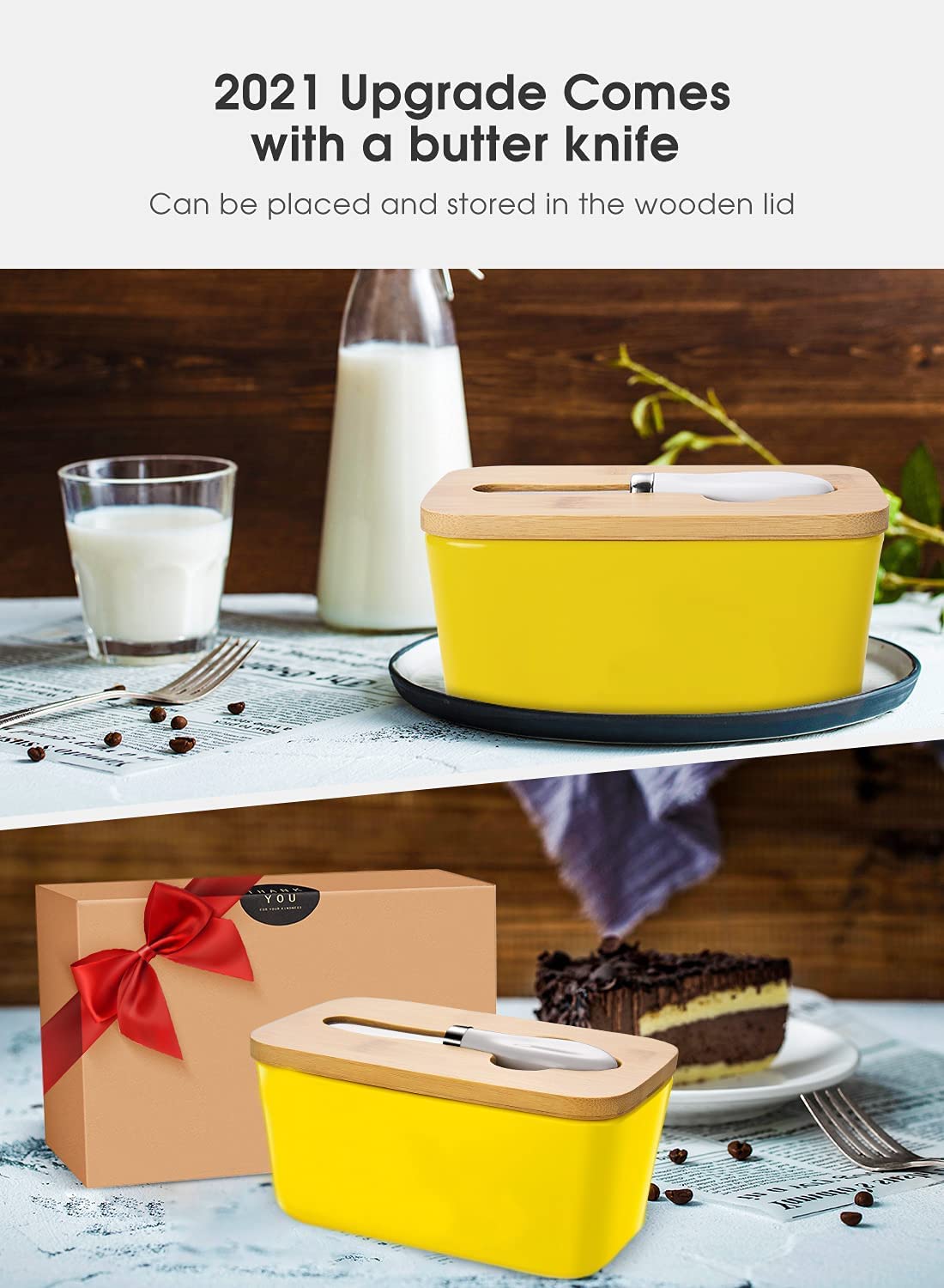 Butter Dishes Box Premium Quality Elite Range Heavy Fine Porcelain Butter Box, Butter Dish with Wooden Top Cover,Lid with a Knife -600 ML