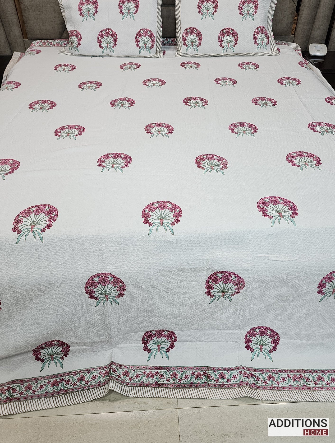 Mysore Hand Block Printed Jacquard Bed Cover with complementing Pillow Covers, 108x108