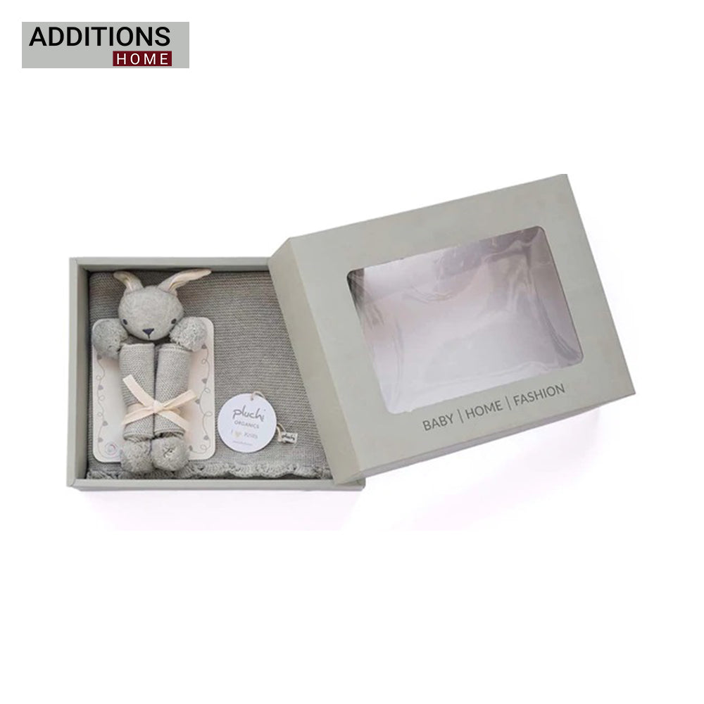 Rabbit- Vanilla Grey Cotton Knitted All Season AC Blanket with Cuddle Cloth Set for Babies(Set of 2 - Blanket & Soft Toy )