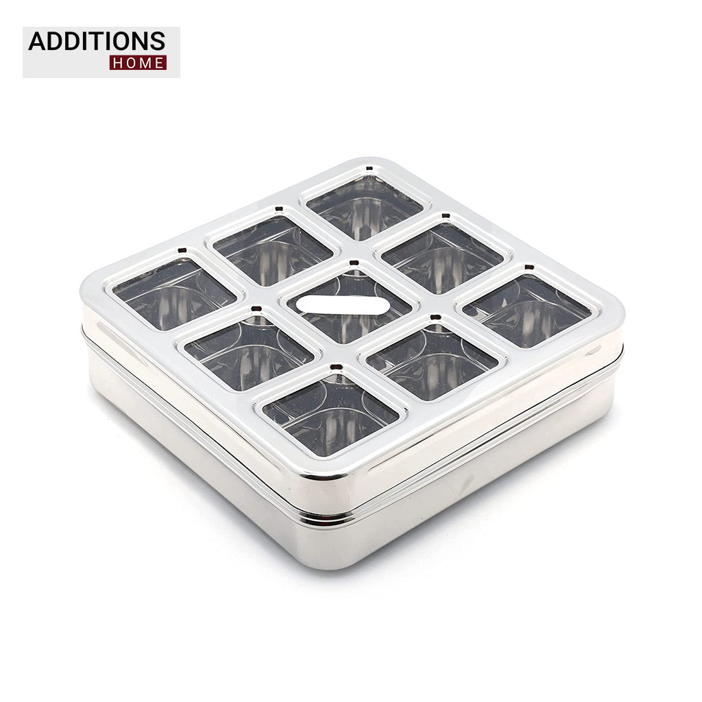 Stainless Steel Lego Masala Box -Square Cubic See thru Lid - Spice box - Condiment box - 9 partition - Diamater - 22CM, Capacity - 100 ML Each Containers