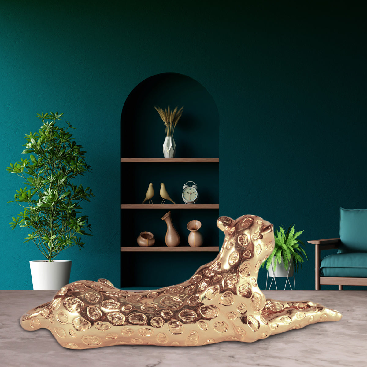 Rose Gold Wild Animal Leopard Sculpture Resin Craft, Living Room Study Leopard Decoration 22x9 Inch