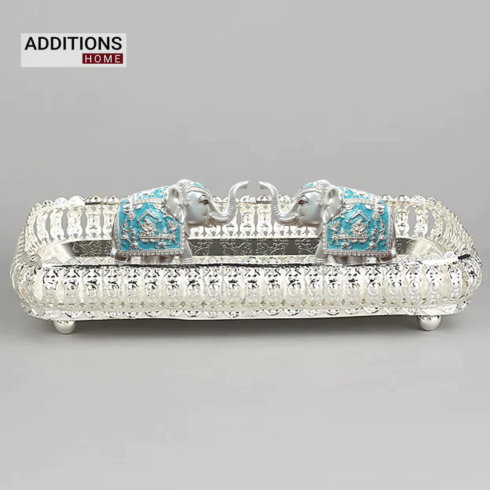 German Silver Rectangle Shape Designer Fancy Metal Tray And Silver Plated Elephant Idol Set Of 3Pcs.