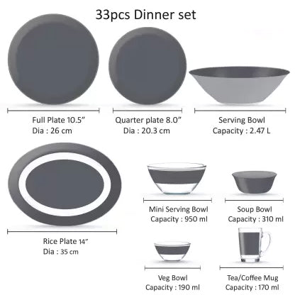 Pack of 33 Pcs Made in United Arab Emirates(UAE) French style sodalime glass SIMPLY GREY Dinner Set