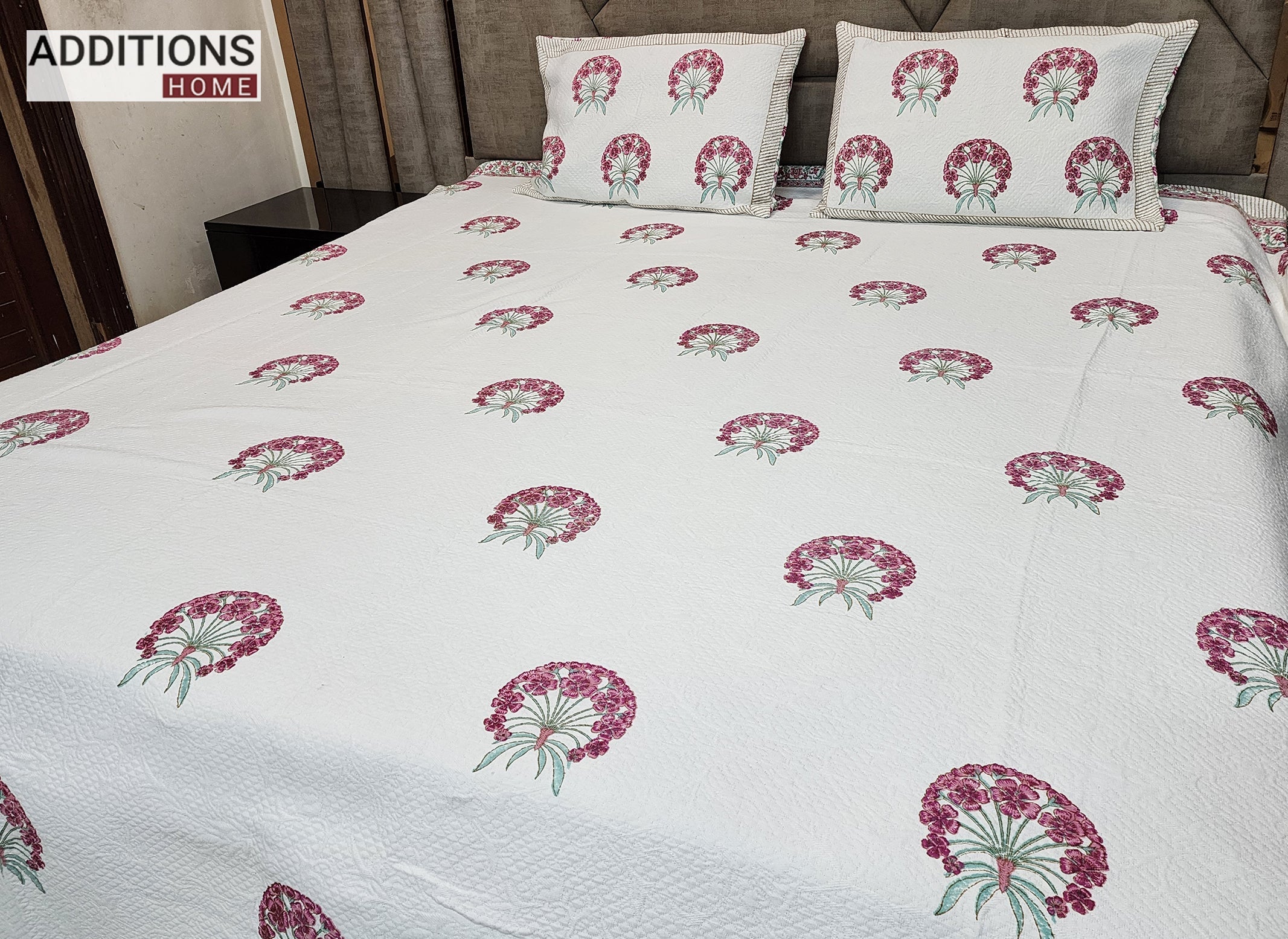 Mysore Hand Block Printed Jacquard Bed Cover with complementing Pillow Covers, 108x108