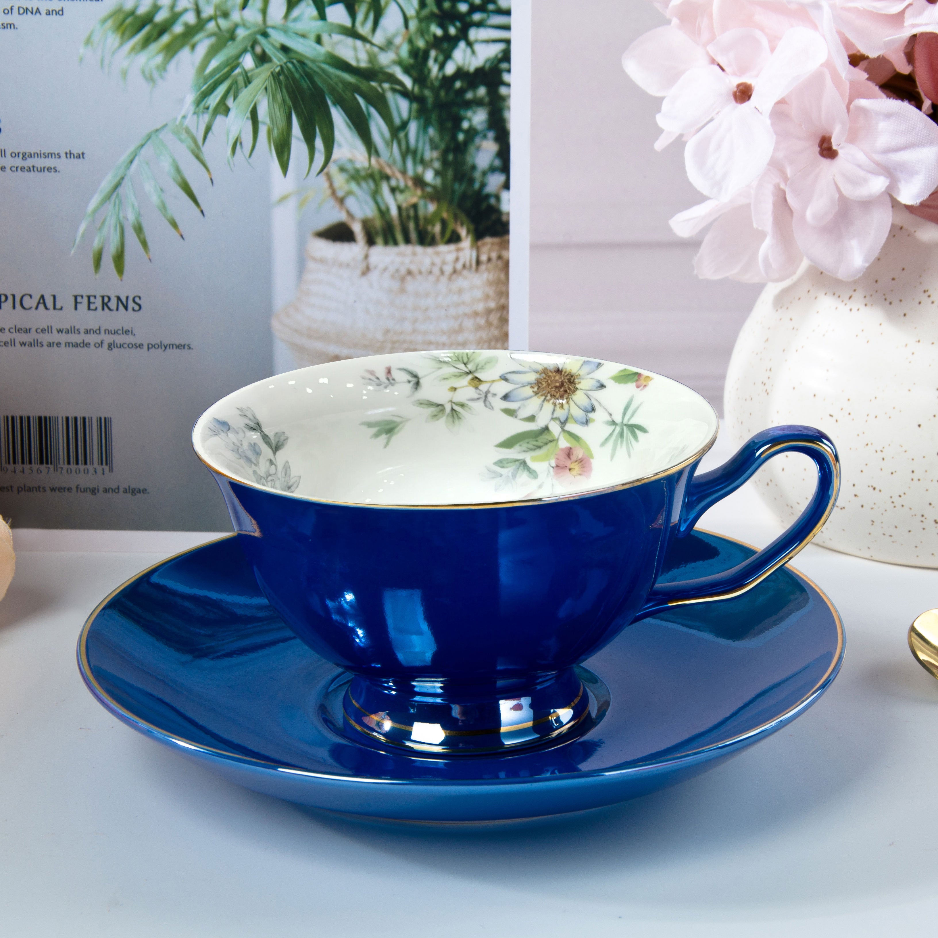 Fine English Bone China inner printed Cup and Saucer Blue (Set of 6)