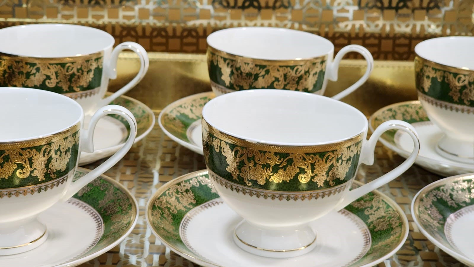 Luxury Embossed Gold Plated Cup & Saucer Royal Style Bone China, Set Of 6 (MADE IN JAPAN)