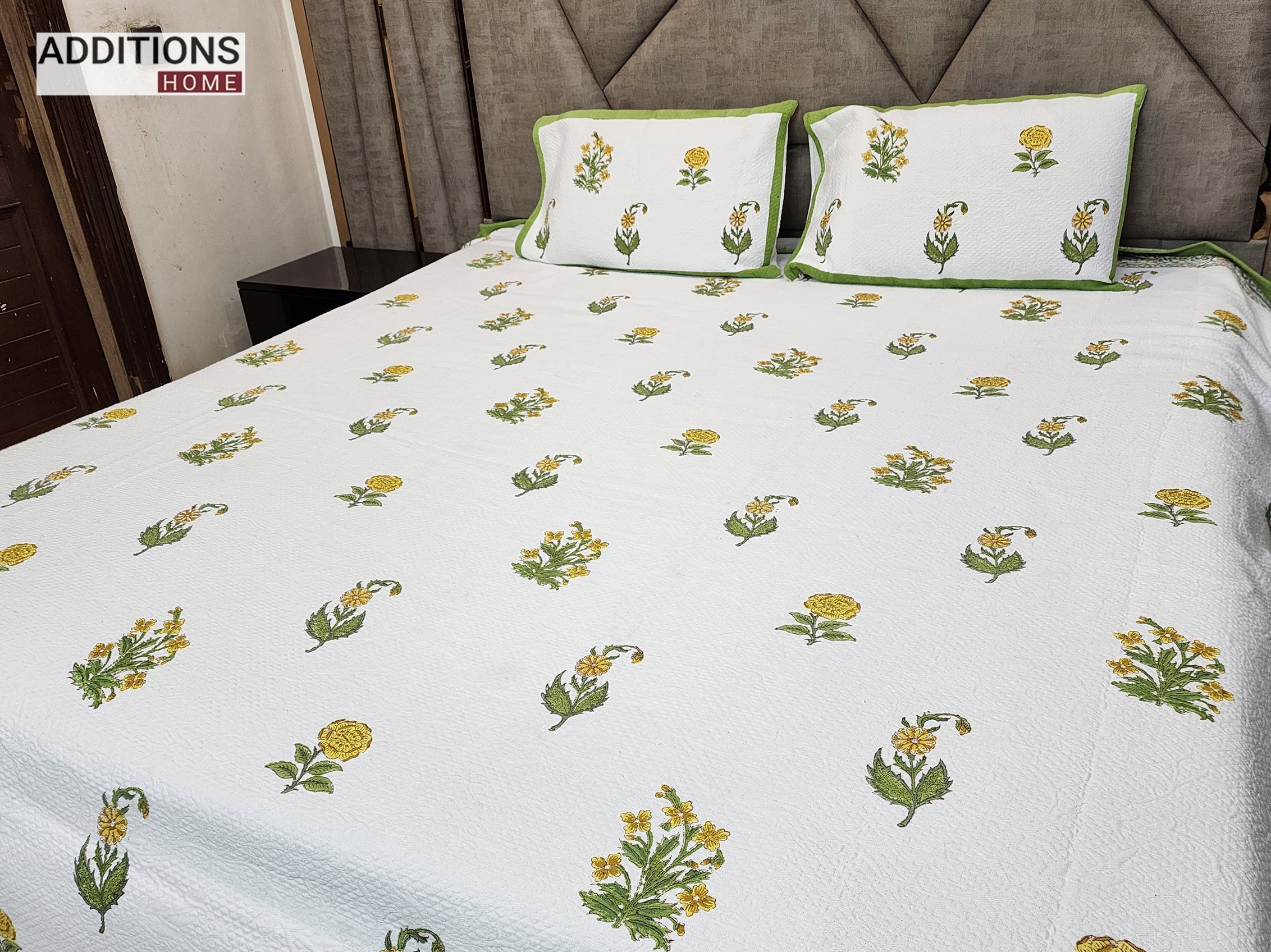 Mysore Hand Block Printed Jacquard Bed Cover with complementing Pillow Covers, 108x108