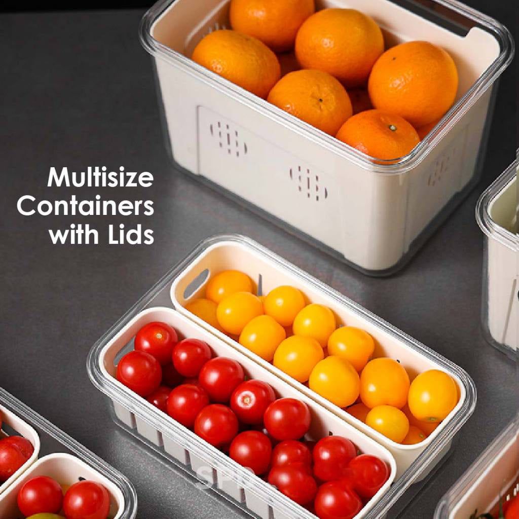 Airtight Drain Food Storage Container with Lid & Removable Compartment Kitchen Stackable Freezer Fridge Organizer Set of 6 Pcs