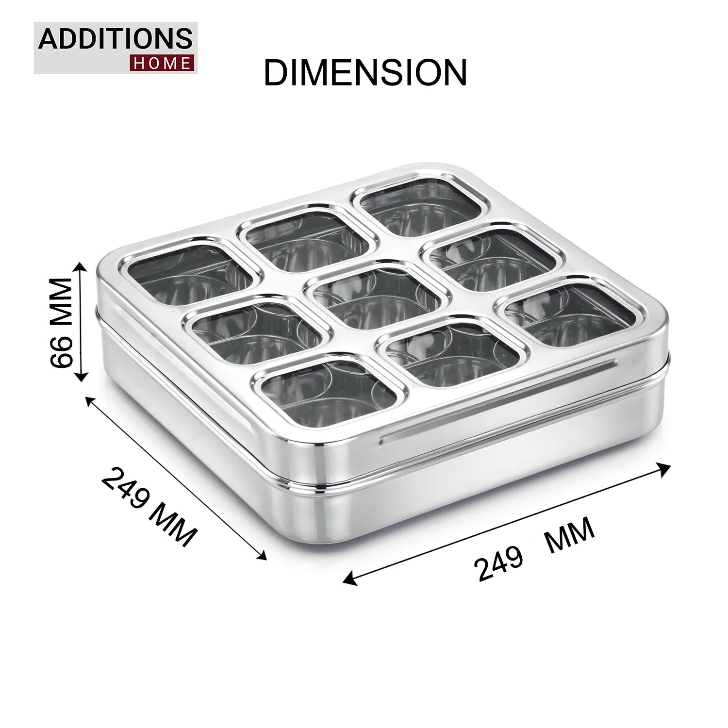 Stainless Steel Lego Masala Box -Square Cubic See thru Lid - Spice box - Condiment box - 9 partition - Diamater - 22CM, Capacity - 100 ML Each Containers