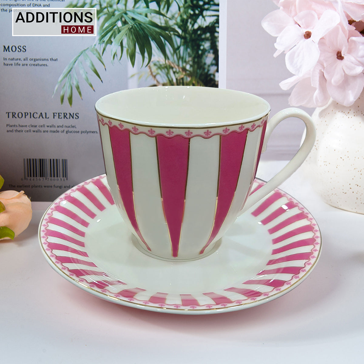 American Brunswick Luxury Cup and Saucer Set Classic Stripe Porcelain (Set of 6)