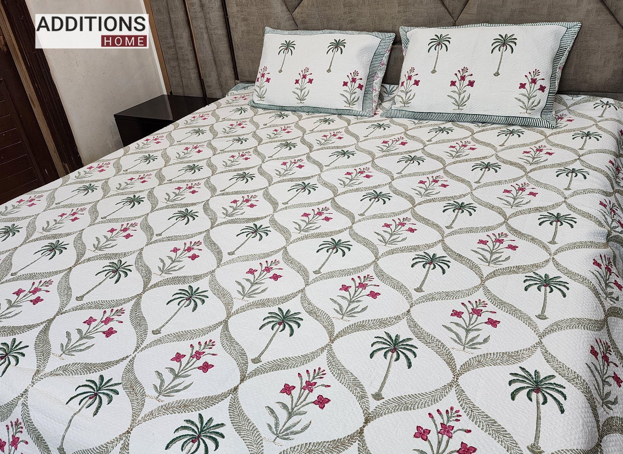 Mysore Hand Block Printed Jacquard Bed Cover with complementing Pillow Covers, 108x108