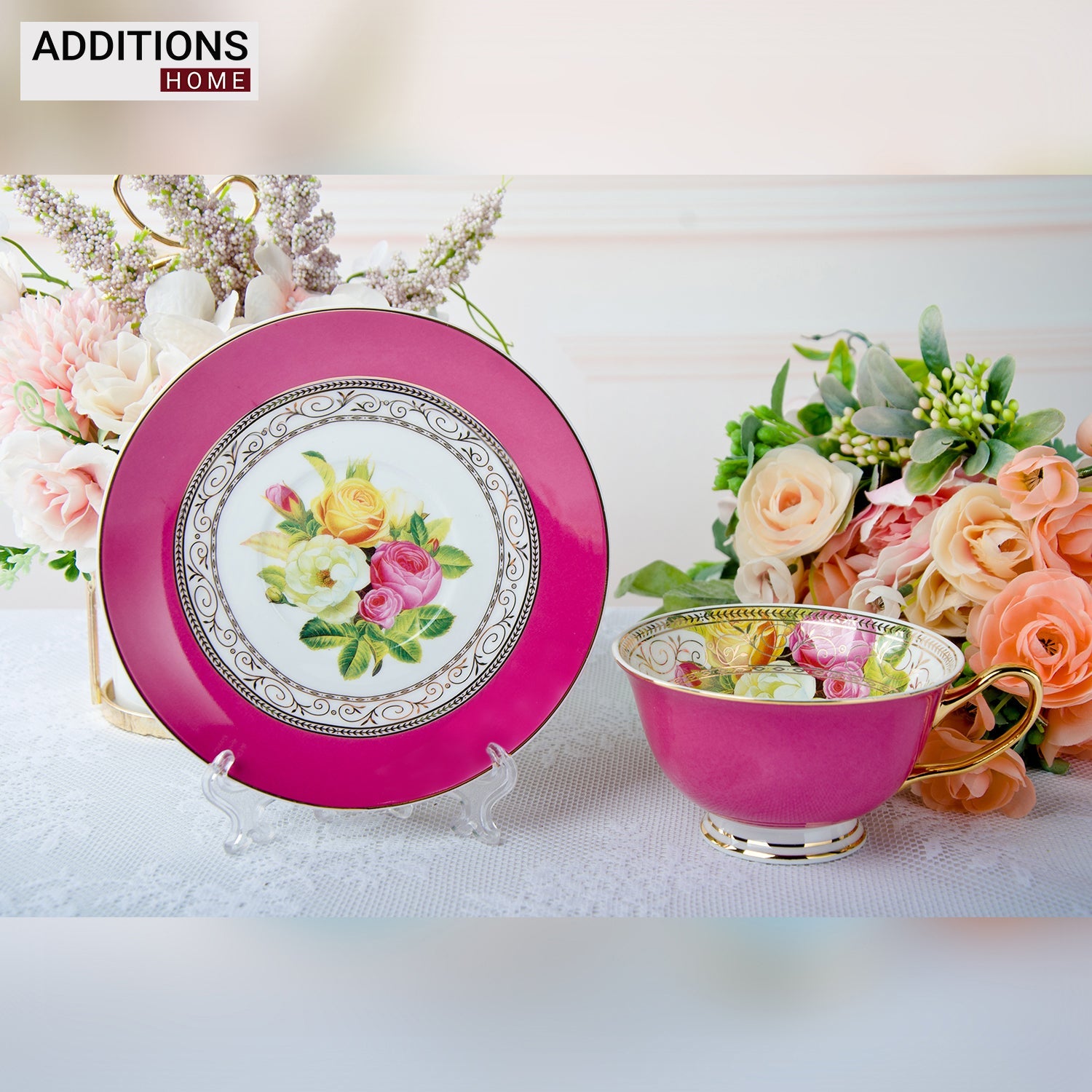 Fine English Bone China inner printed Cup and Saucer Pink (Set of 6)
