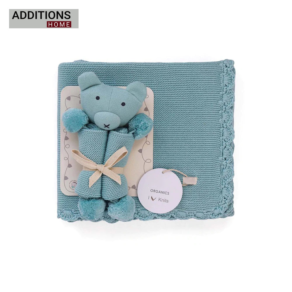 Teddy Bear- Baby Blue Cotton Knitted All Season AC Blanket with Cuddle Cloth Set for Babies (Set of 2 - Blanket & Soft Toy )