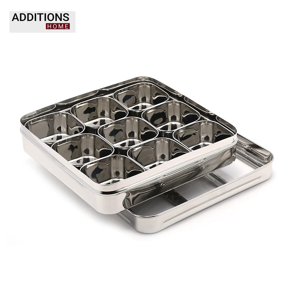 Stainless Steel Lego Masala Box -Square Cubic See thru Lid - Spice box - Condiment box - 9 partition - Diamater - 22CM, Capacity - 100 ML Each Containers