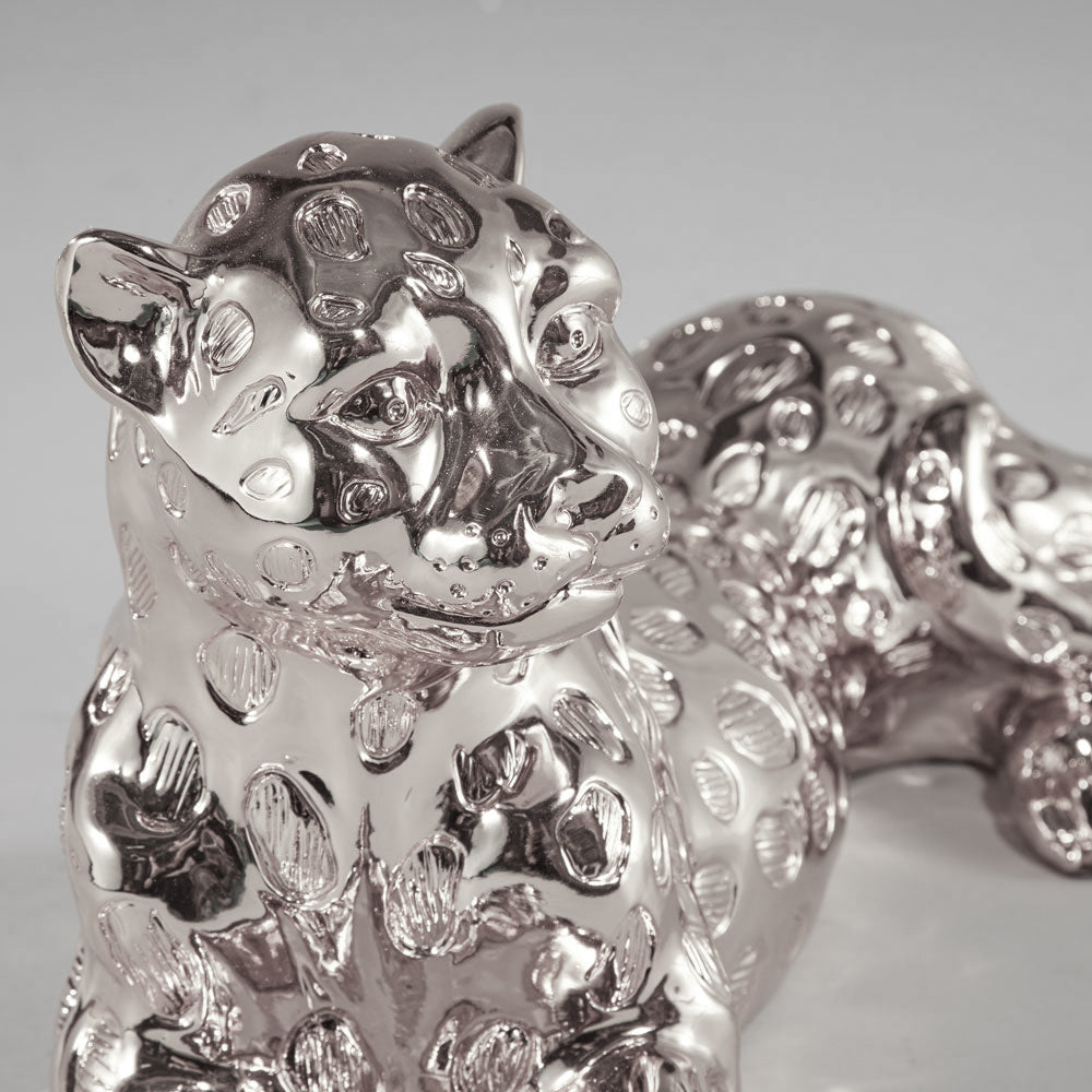 Silver Wild Animal Leopard Sculpture Resin Craft, Living Room Study Leopard Decoration 22x9 Inch