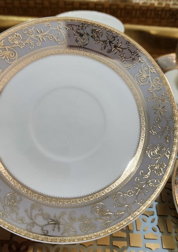 Luxury Embossed Gold Plated Cup & Saucer Royal Style Bone China, Set Of 6 (MADE IN JAPAN)