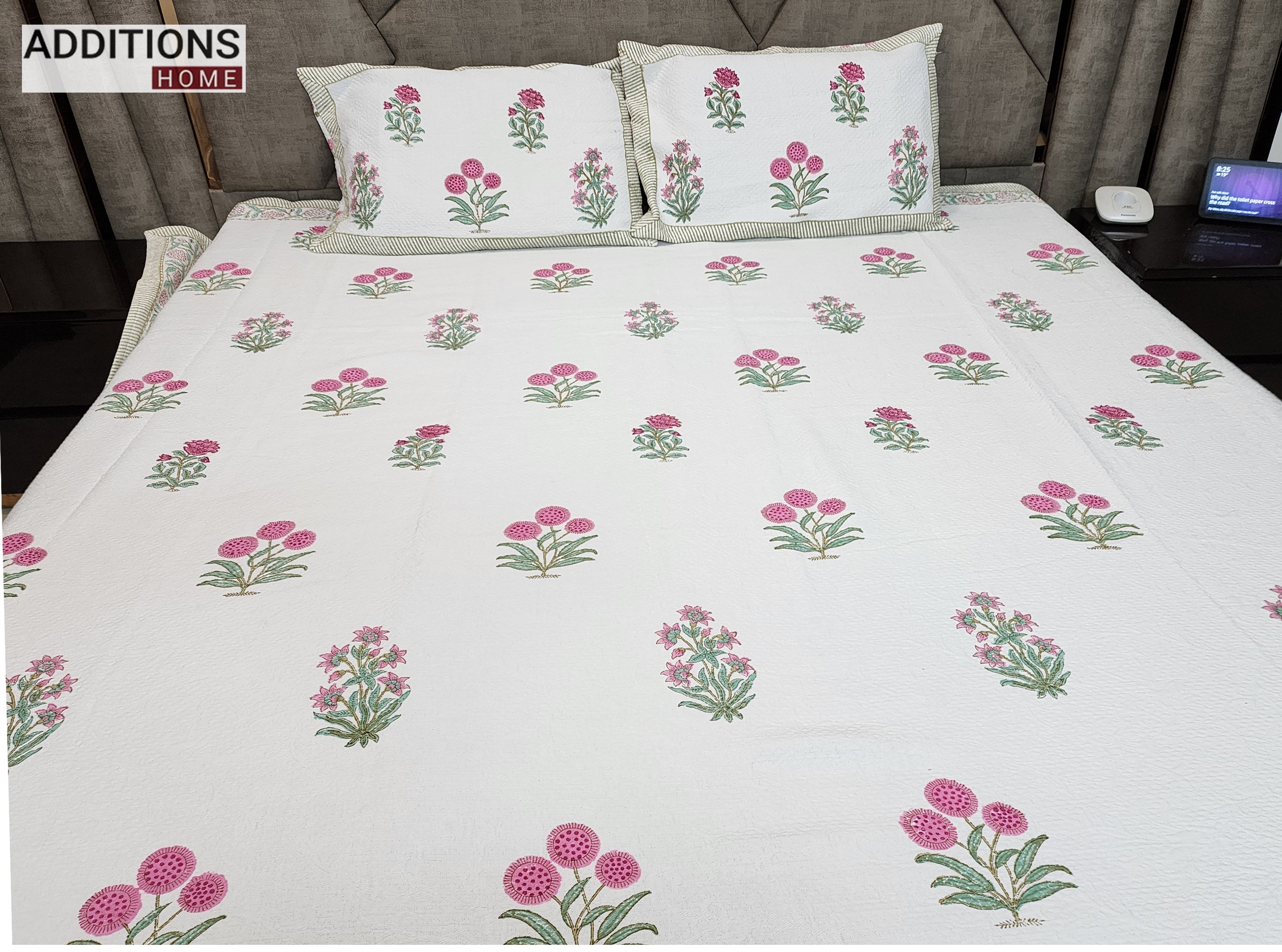 Mysore Hand Block Printed Jacquard Bed Cover with complementing Pillow Covers, 108x108