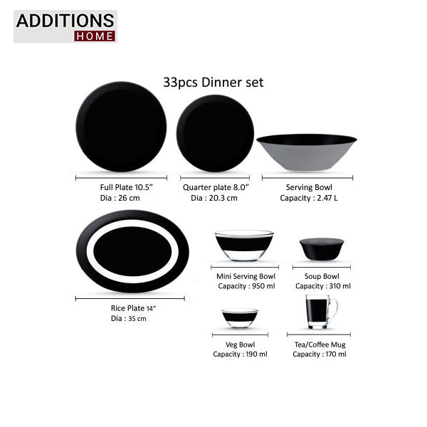 Pack of 33 Pcs Made in United Arab Emirates(UAE) French style sodalime glass SIMPLY BLACK Dinner Set