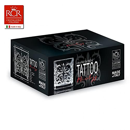 RCR (Made in Italy) Tattoo Crystal Short Whisky Water Tumblers Glasses, 340 ml, Set of 6