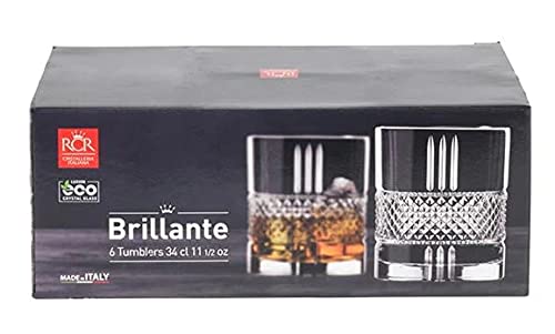 RCR (Made in Italy) Brillante Crystal Short Whisky Water Tumblers Glasses, 340 ml, Set of 6