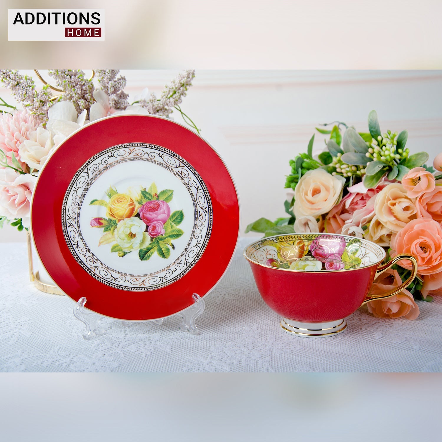 Fine English Bone China inner printed Cup and Saucer Red (Set of 6)