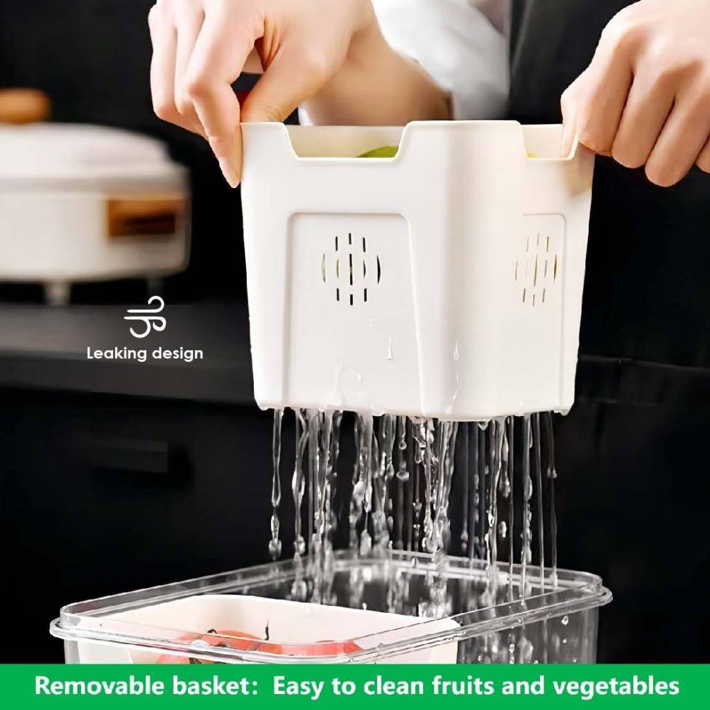 Airtight Drain Food Storage Container with Lid & Removable Compartment Kitchen Stackable Freezer Fridge Organizer Set of 6 Pcs