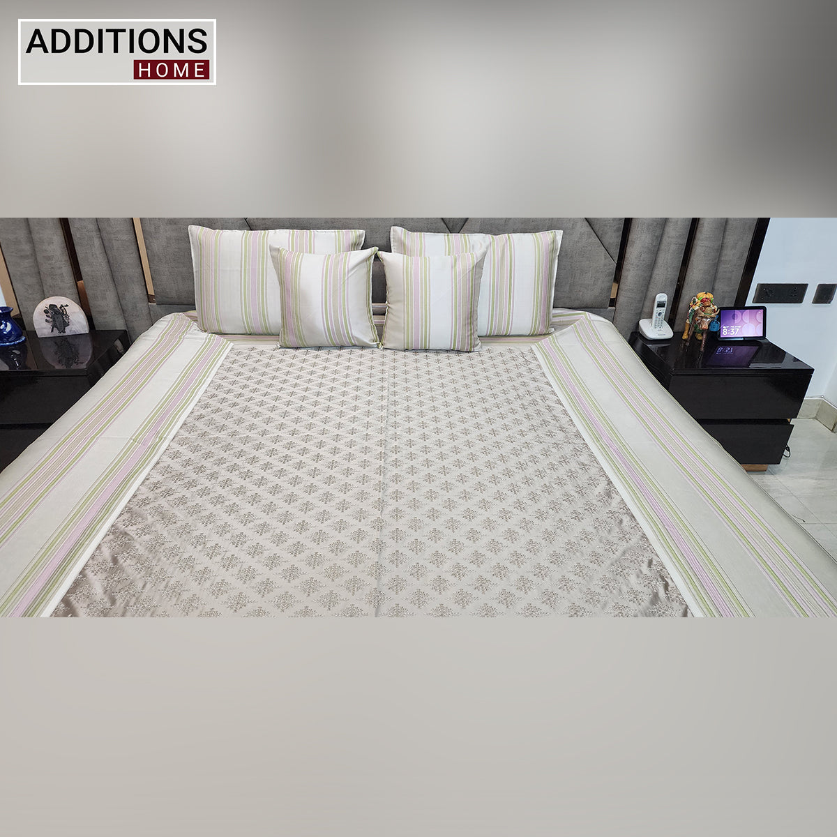 Intricately Embroidered Linen Fabric Bedcover, Dressed With Satin Borders To Make Your Room Look Royal (King Size) Set of 5