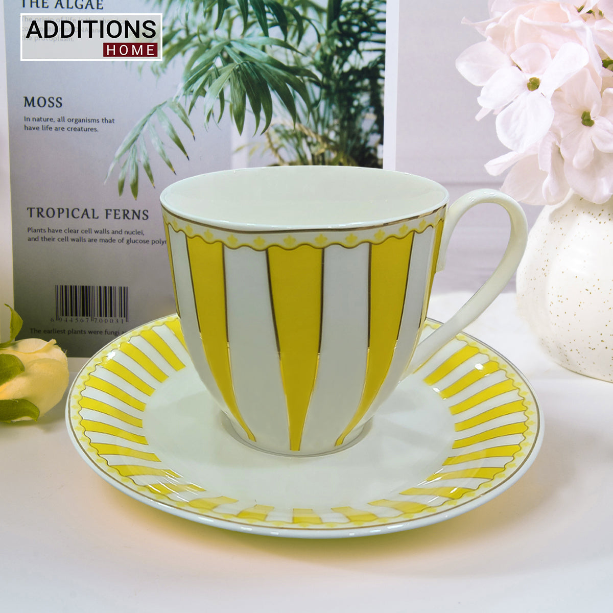 American Brunswick Luxury Cup and Saucer Set Classic Stripe Porcelain (Set of 6)