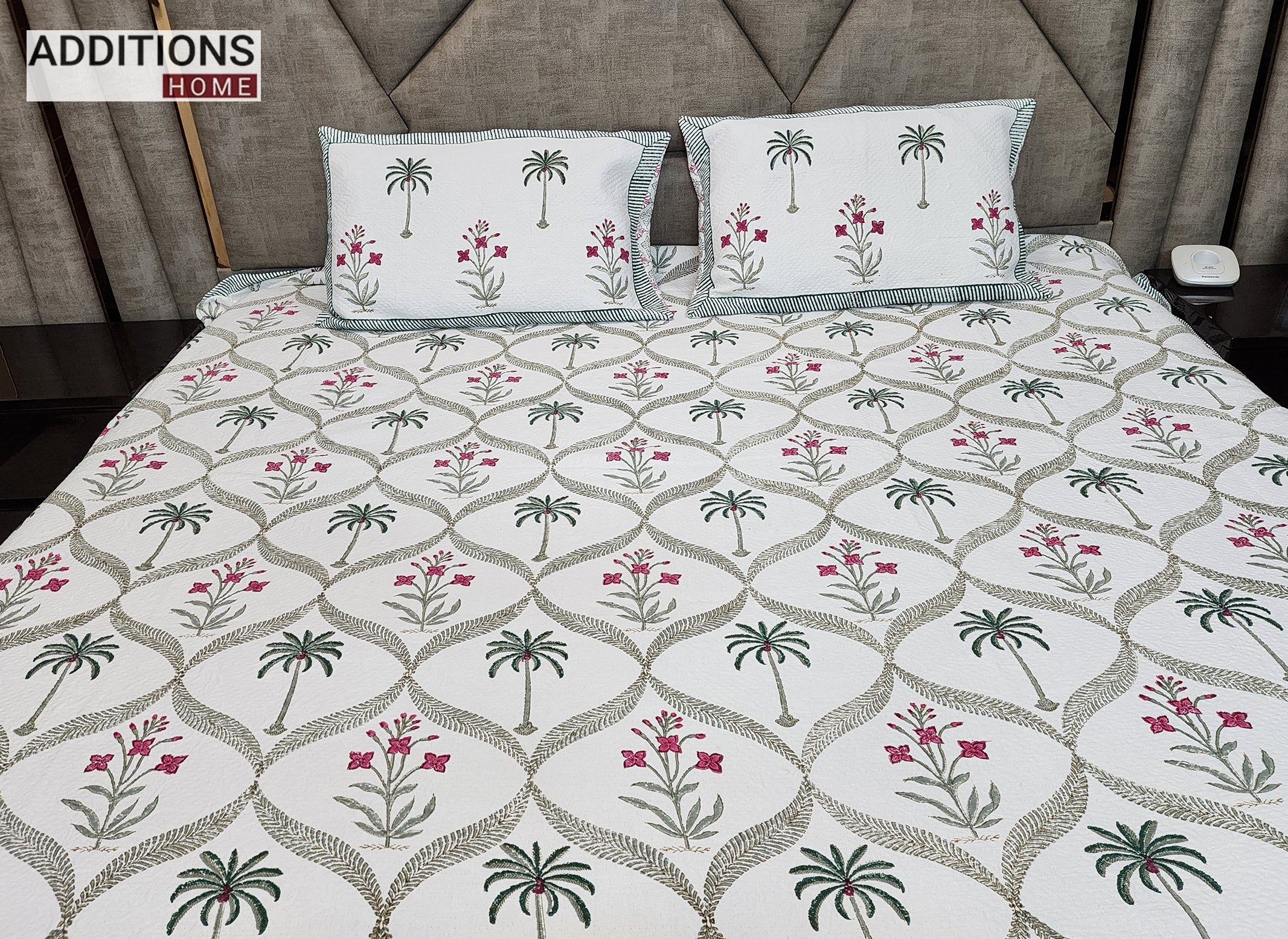 Mysore Hand Block Printed Jacquard Bed Cover with complementing Pillow Covers, 108x108