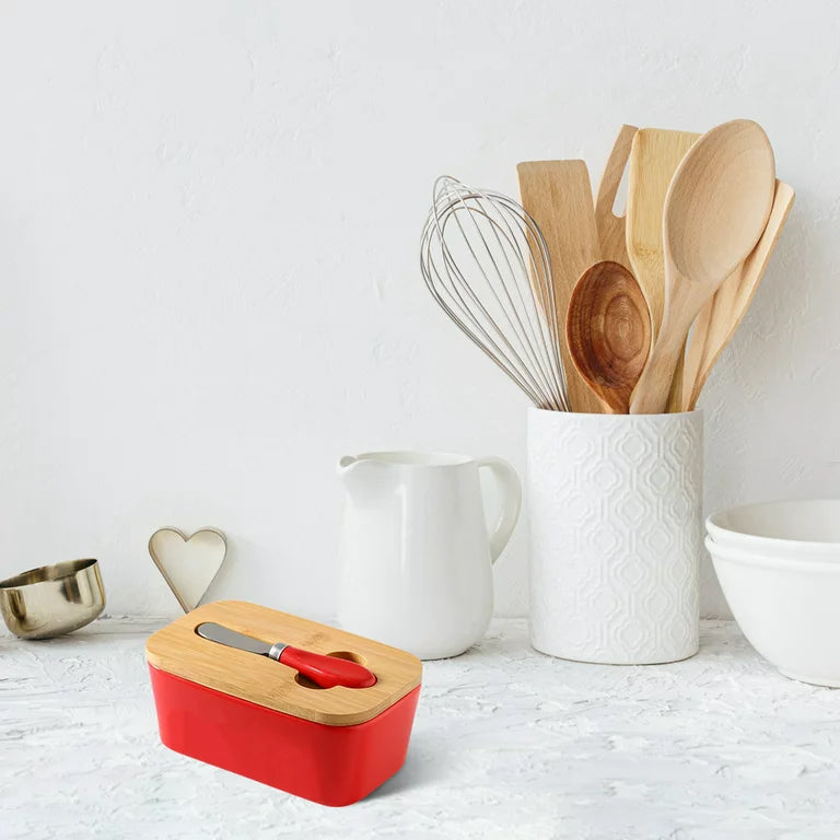 Butter Dishes Box Premium Quality Elite Range Heavy Fine Porcelain Butter Box, Butter Dish with Wooden Top Cover, Lid with a Knife -600 ML (RED)