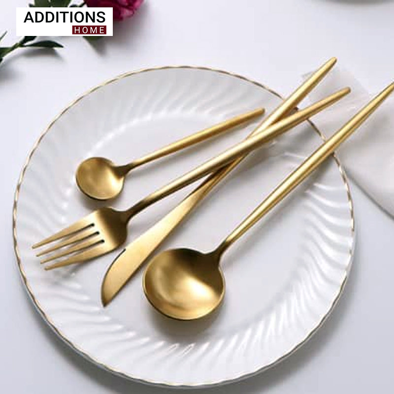 24pcs Luxury Chrome Plated Classic Cutlery Set Dinner Spoon Knives Fork Set Stainless Steel Tableware Dinner Set with Black Gift Box Gold Pleated