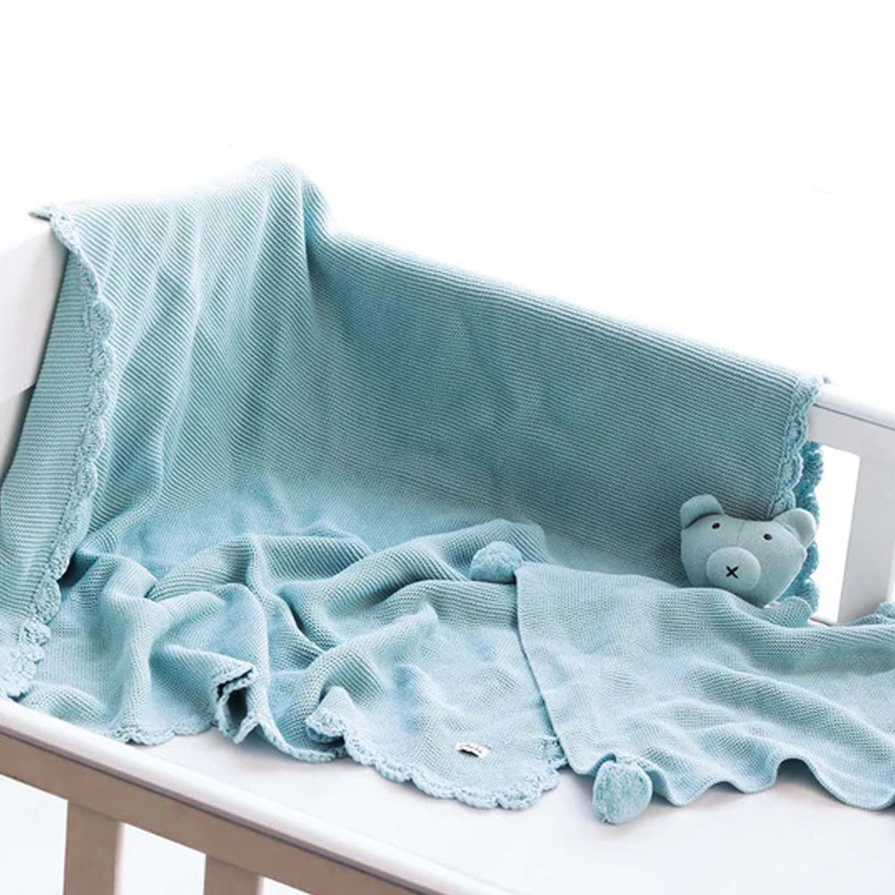 Teddy Bear- Baby Blue Cotton Knitted All Season AC Blanket with Cuddle Cloth Set for Babies (Set of 2 - Blanket & Soft Toy )