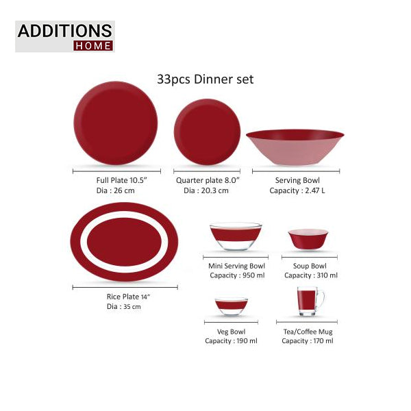 Pack of 33 Pcs Made in United Arab Emirates(UAE) French style sodalime glass SIMPLY RED Dinner Set