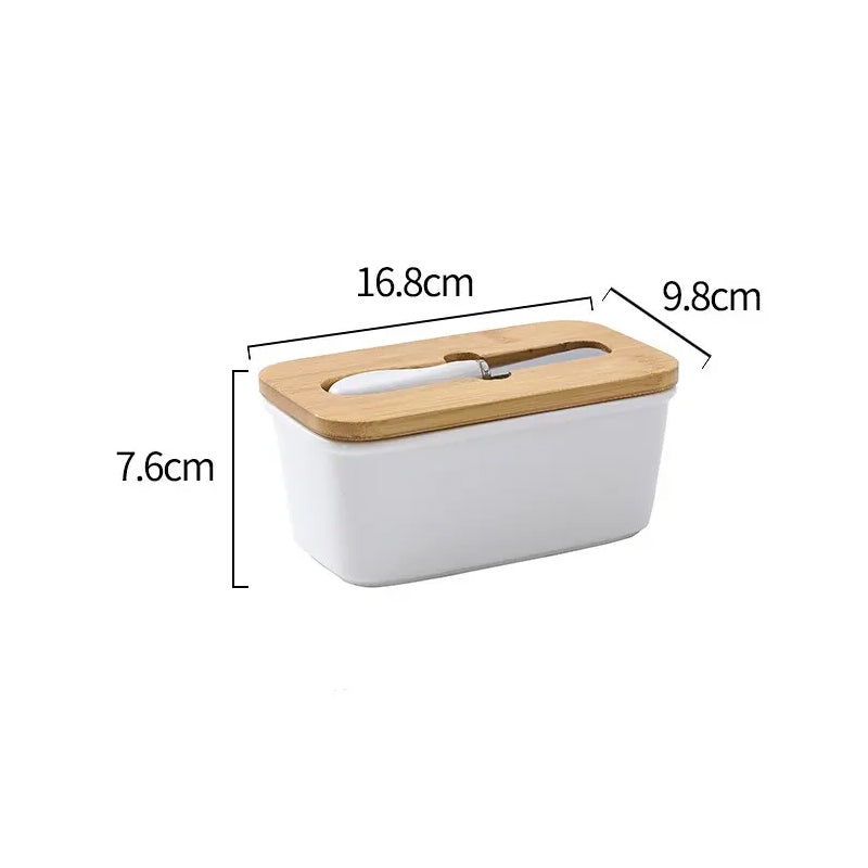 Butter Dishes Box Premium Quality Elite Range Heavy Fine Porcelain Butter Box, Butter Dish with Wooden Top Cover, Lid with a Knife -600 ML